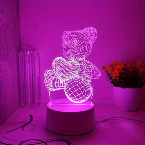 USB Romantic Pink Heart Bear 3D Night Light Decor